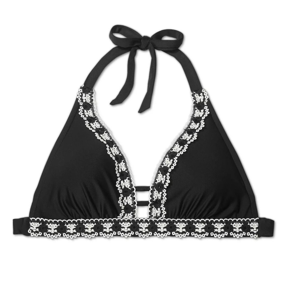 Black Halter Bikini Top with White Trim